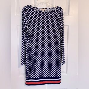 Michael Kors Navy Blue,Floral Print, Long Sleeve Shift Dress, Size M